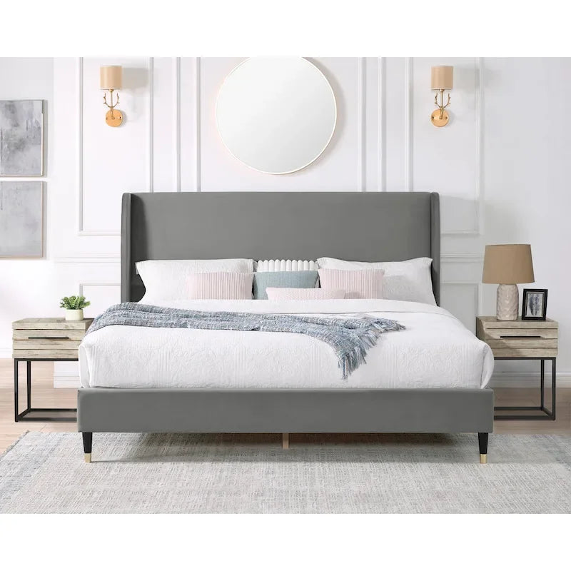 Upholstered Wingback Platform Bed with Gold-Black Cone Legs, Beige / Gray Velvet, Modern Style – Queen / King