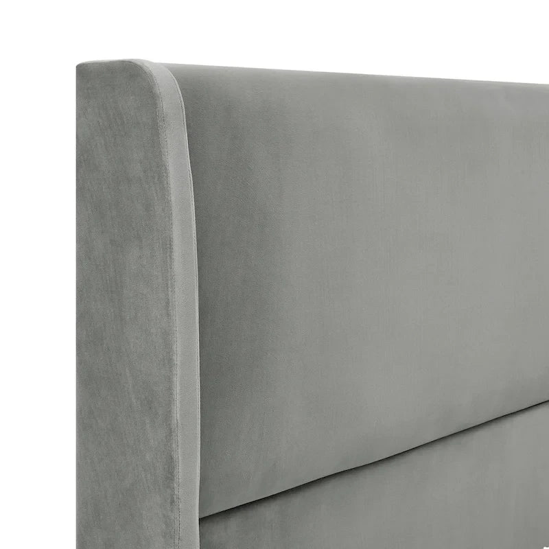 Upholstered Wingback Platform Bed with Gold-Black Cone Legs, Beige / Gray Velvet, Modern Style – Queen / King