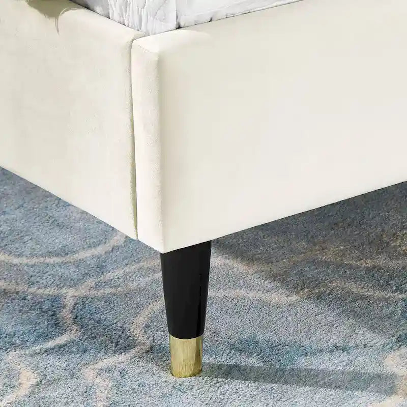 Upholstered Wingback Platform Bed with Gold-Black Cone Legs, Beige / Gray Velvet, Modern Style – Queen / King