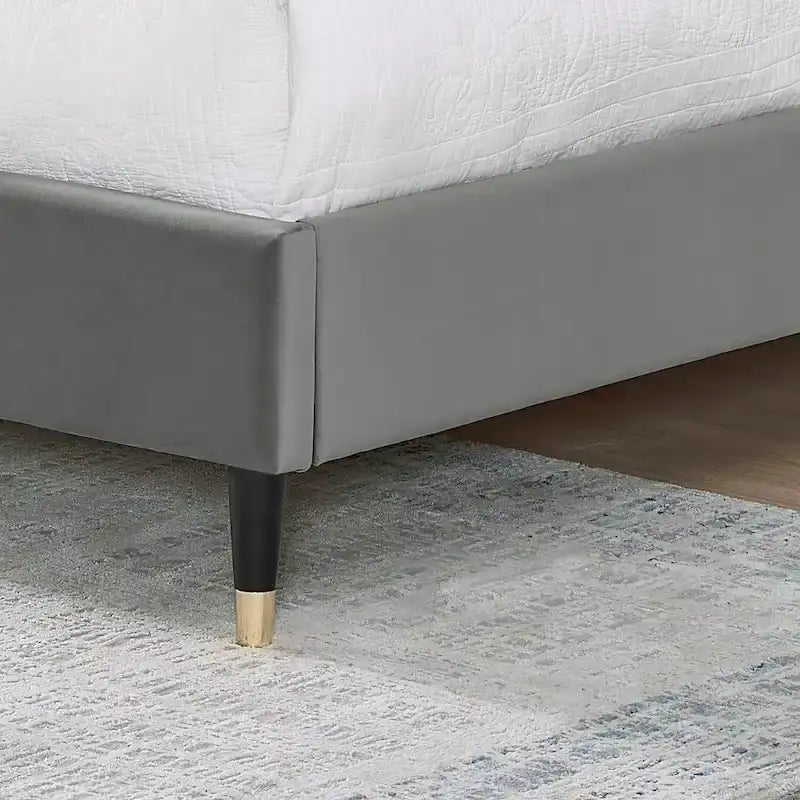 Upholstered Wingback Platform Bed with Gold-Black Cone Legs, Beige / Gray Velvet, Modern Style – Queen / King