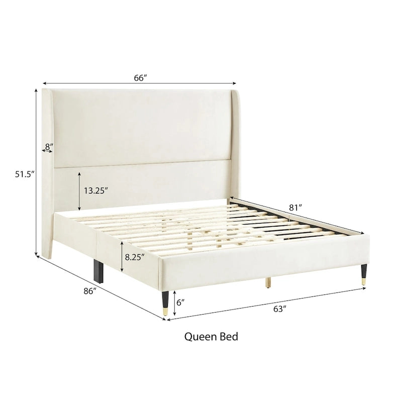 Upholstered Wingback Platform Bed with Gold-Black Cone Legs, Beige / Gray Velvet, Modern Style – Queen / King