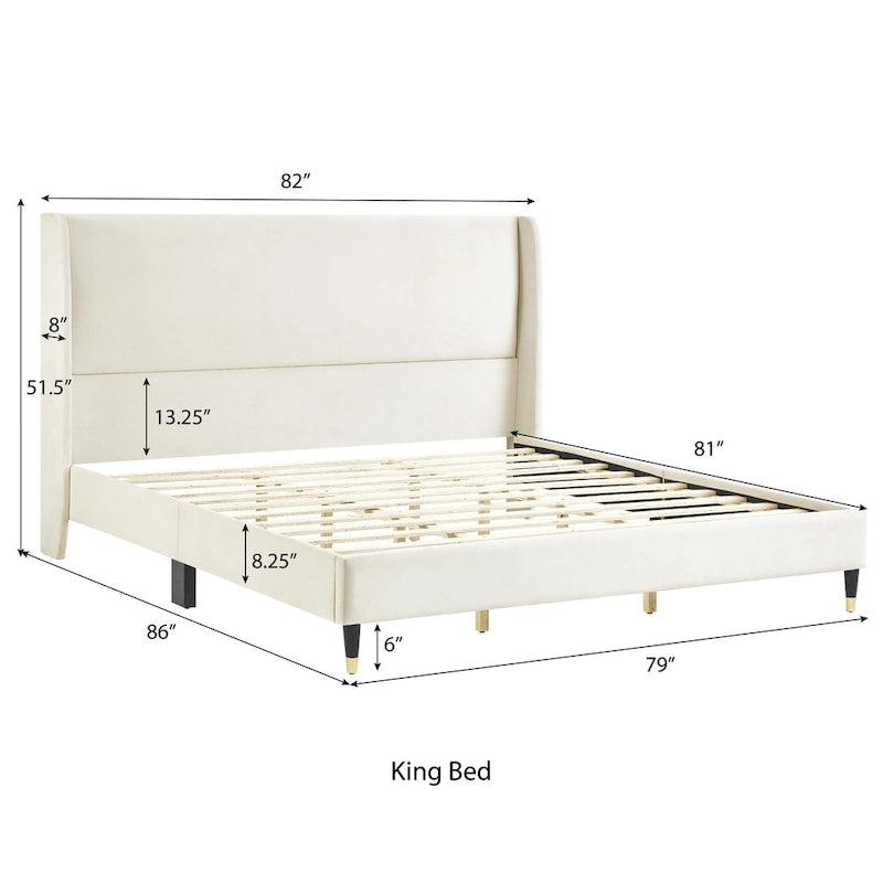 Upholstered Wingback Platform Bed with Gold-Black Cone Legs, Beige / Gray Velvet, Modern Style – Queen / King