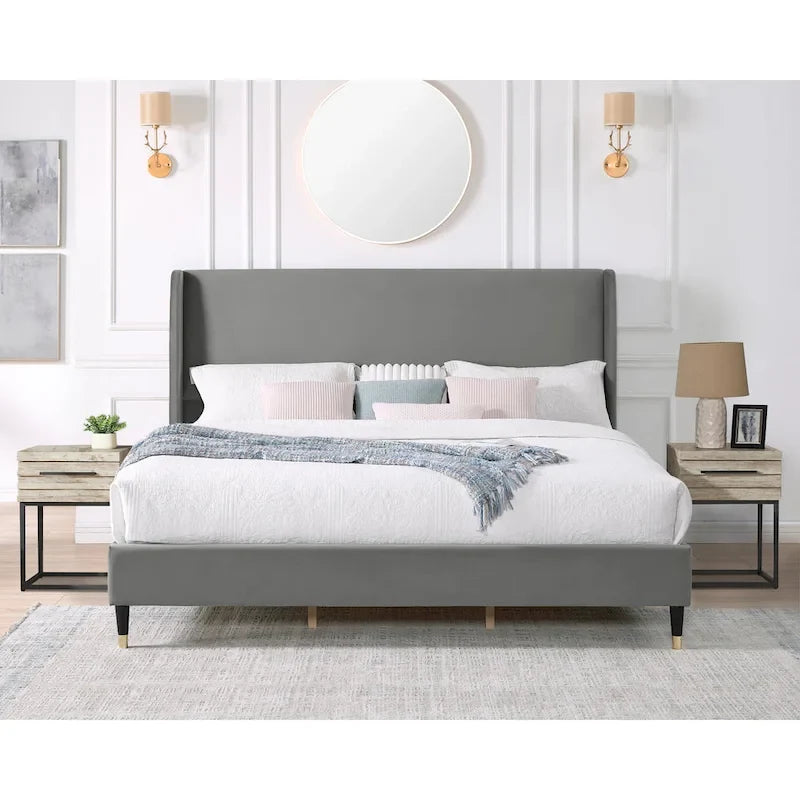 Upholstered Wingback Platform Bed with Gold-Black Cone Legs, Beige / Gray Velvet, Modern Style – Queen / King