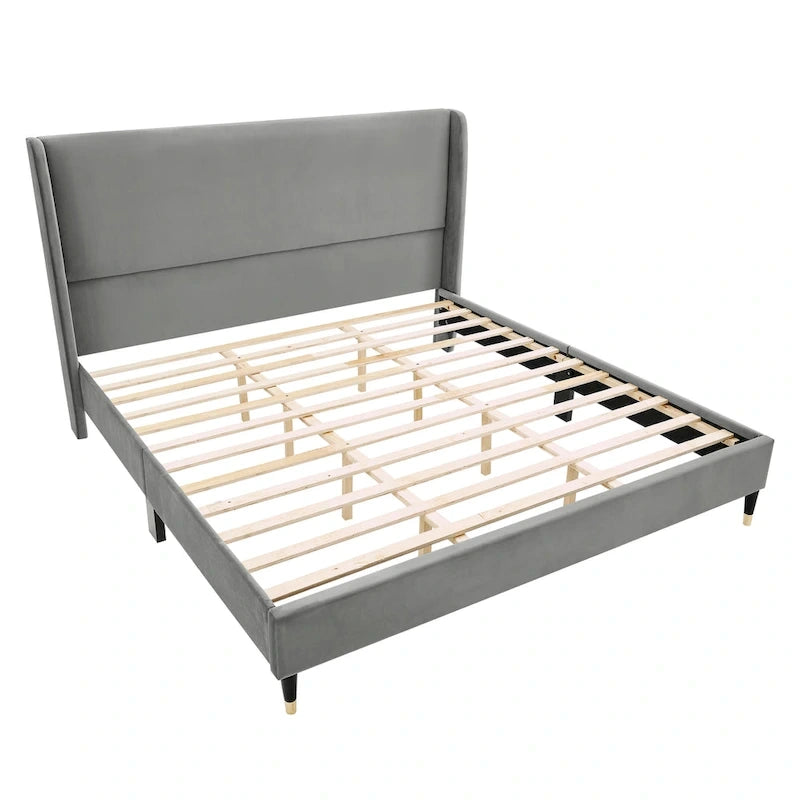 Upholstered Wingback Platform Bed with Gold-Black Cone Legs, Beige / Gray Velvet, Modern Style – Queen / King