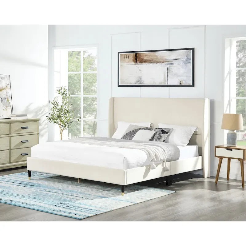 Upholstered Wingback Platform Bed with Gold-Black Cone Legs, Beige / Gray Velvet, Modern Style – Queen / King
