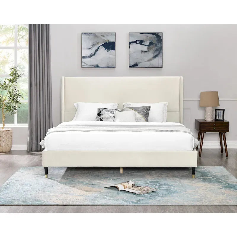 Upholstered Wingback Platform Bed with Gold-Black Cone Legs, Beige / Gray Velvet, Modern Style – Queen / King