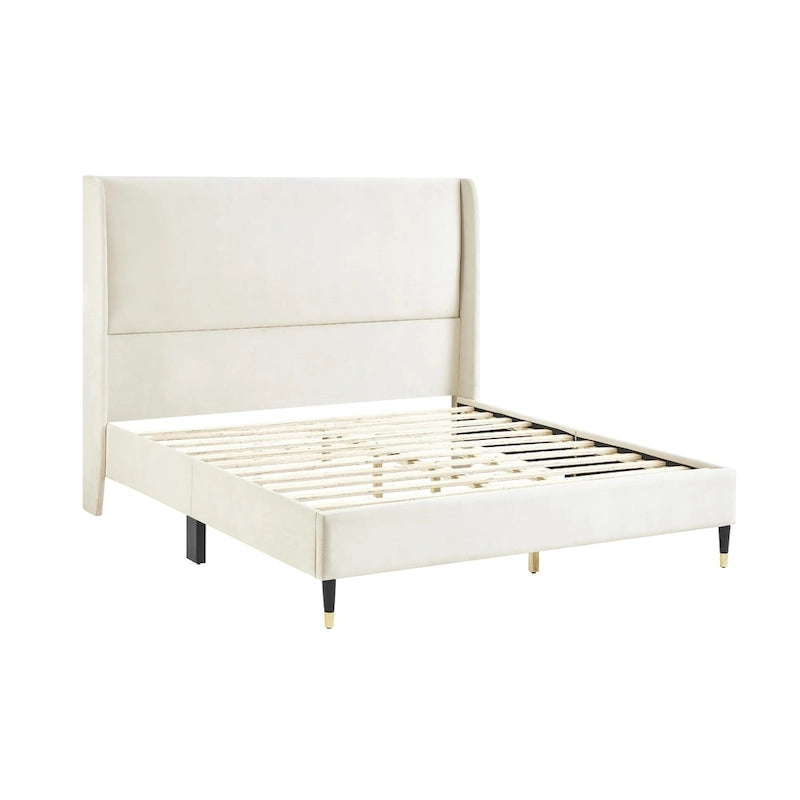 Upholstered Wingback Platform Bed with Gold-Black Cone Legs, Beige / Gray Velvet, Modern Style – Queen / King