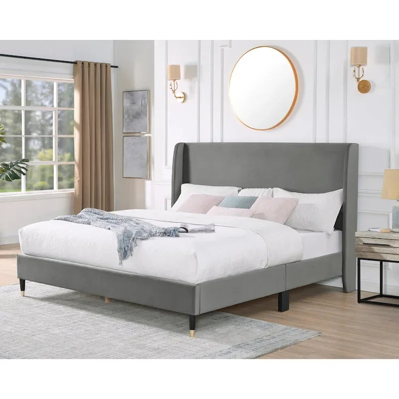 Upholstered Wingback Platform Bed with Gold-Black Cone Legs, Beige / Gray Velvet, Modern Style – Queen / King