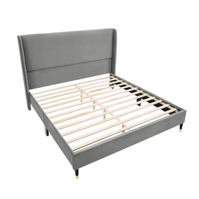 Upholstered Wingback Platform Bed with Gold-Black Cone Legs, Beige / Gray Velvet, Modern Style – Queen / King