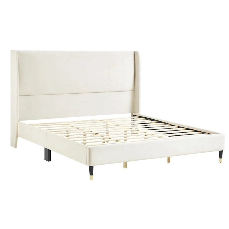 Upholstered Wingback Platform Bed with Gold-Black Cone Legs, Beige / Gray Velvet, Modern Style – Queen / King