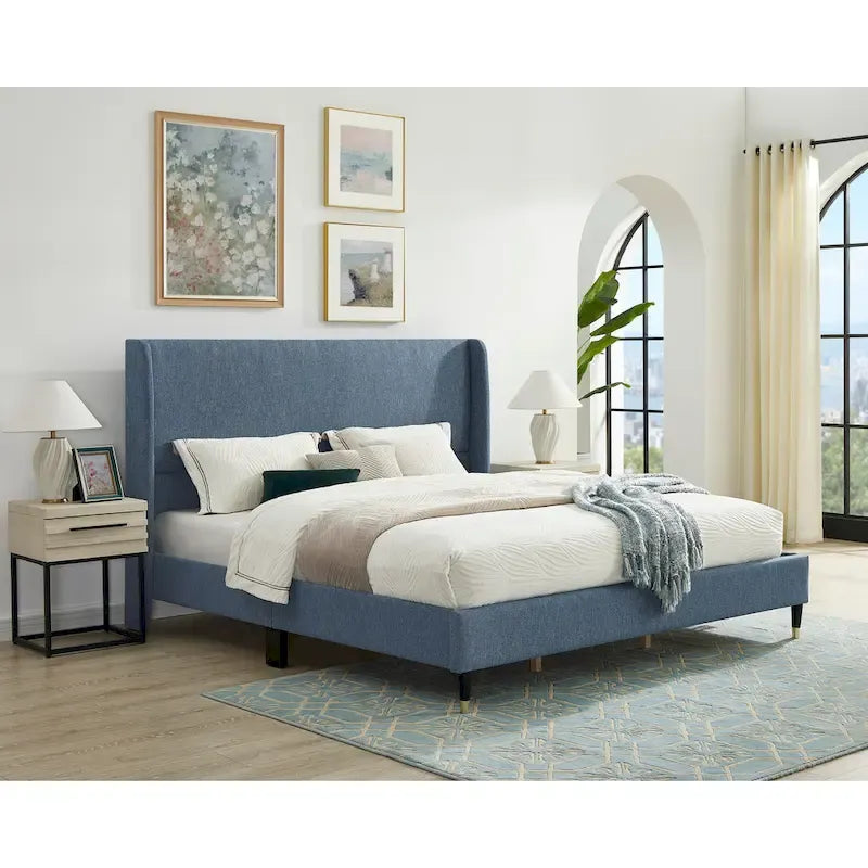 Upholstered Wingback Platform Bed with Gold-Black Cone Legs, Beige / Gray Velvet, Modern Style – Queen / King