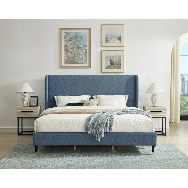Upholstered Wingback Platform Bed with Gold-Black Cone Legs, Beige / Gray Velvet, Modern Style – Queen / King