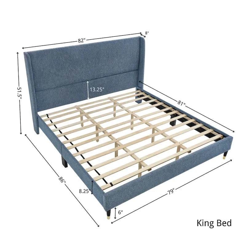 Upholstered Wingback Platform Bed with Gold-Black Cone Legs, Beige / Gray Velvet, Modern Style – Queen / King