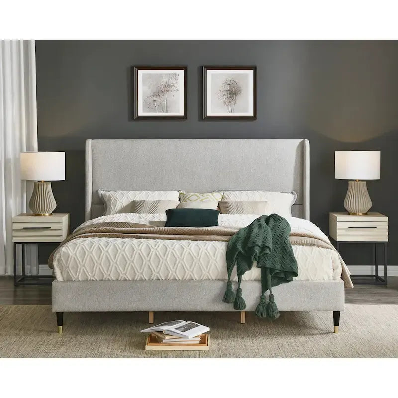 Upholstered Wingback Platform Bed with Gold-Black Cone Legs, Beige / Gray Velvet, Modern Style – Queen / King