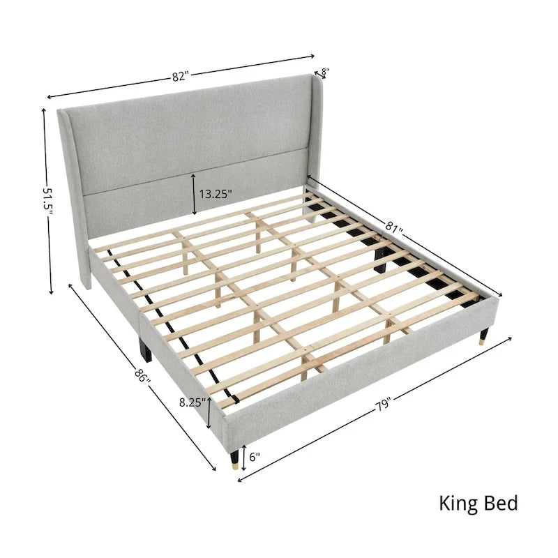 Upholstered Wingback Platform Bed with Gold-Black Cone Legs, Beige / Gray Velvet, Modern Style – Queen / King