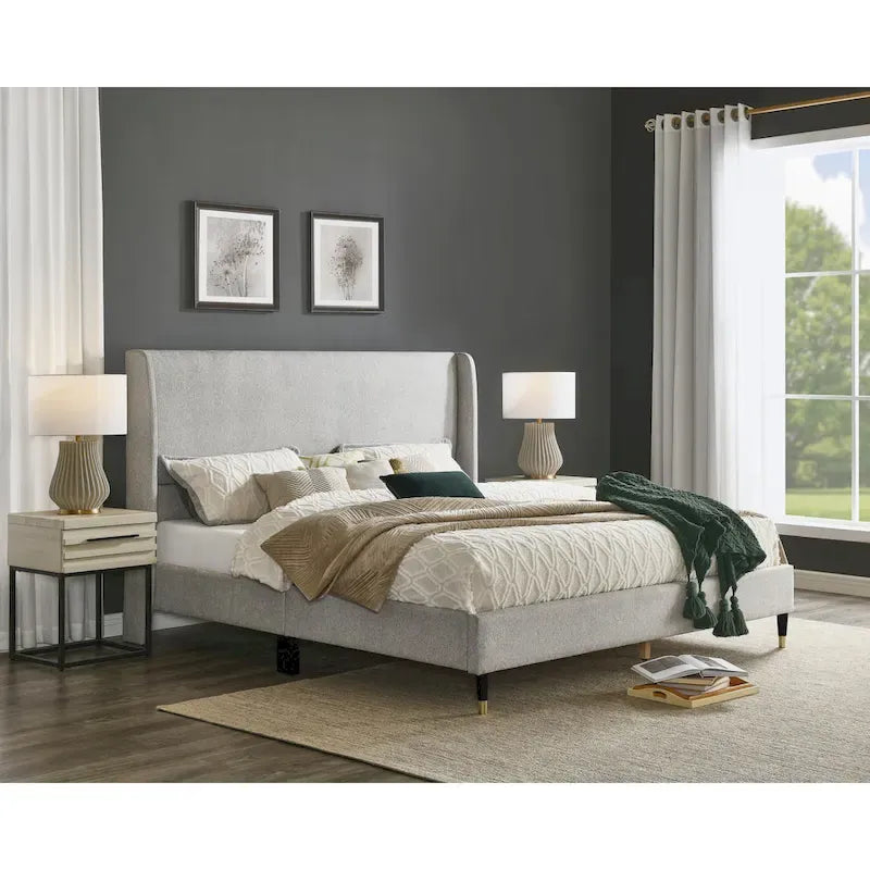 Upholstered Wingback Platform Bed with Gold-Black Cone Legs, Beige / Gray Velvet, Modern Style – Queen / King