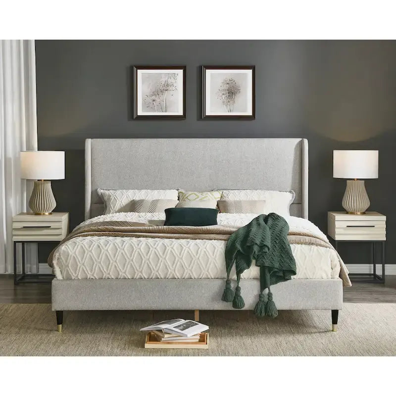 Upholstered Wingback Platform Bed with Gold-Black Cone Legs, Beige / Gray Velvet, Modern Style – Queen / King