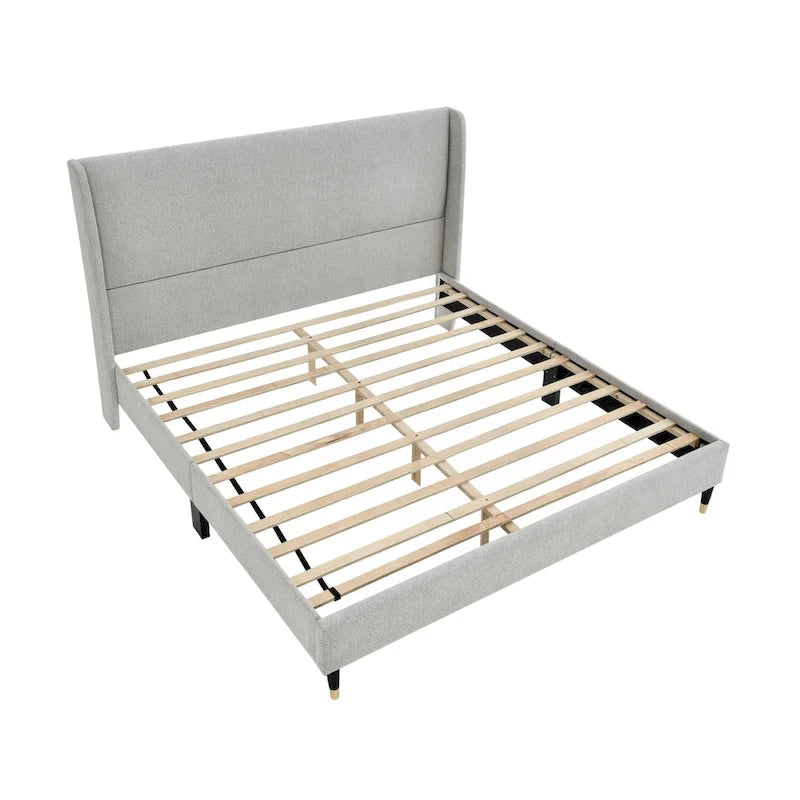 Upholstered Wingback Platform Bed with Gold-Black Cone Legs, Beige / Gray Velvet, Modern Style – Queen / King