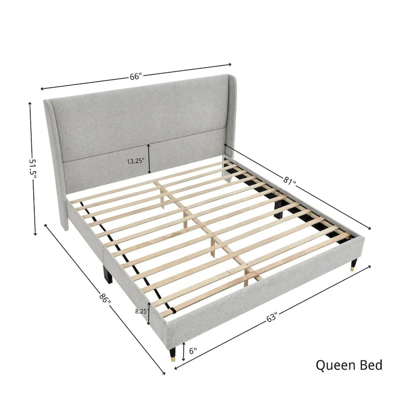 Upholstered Wingback Platform Bed with Gold-Black Cone Legs, Beige / Gray Velvet, Modern Style – Queen / King