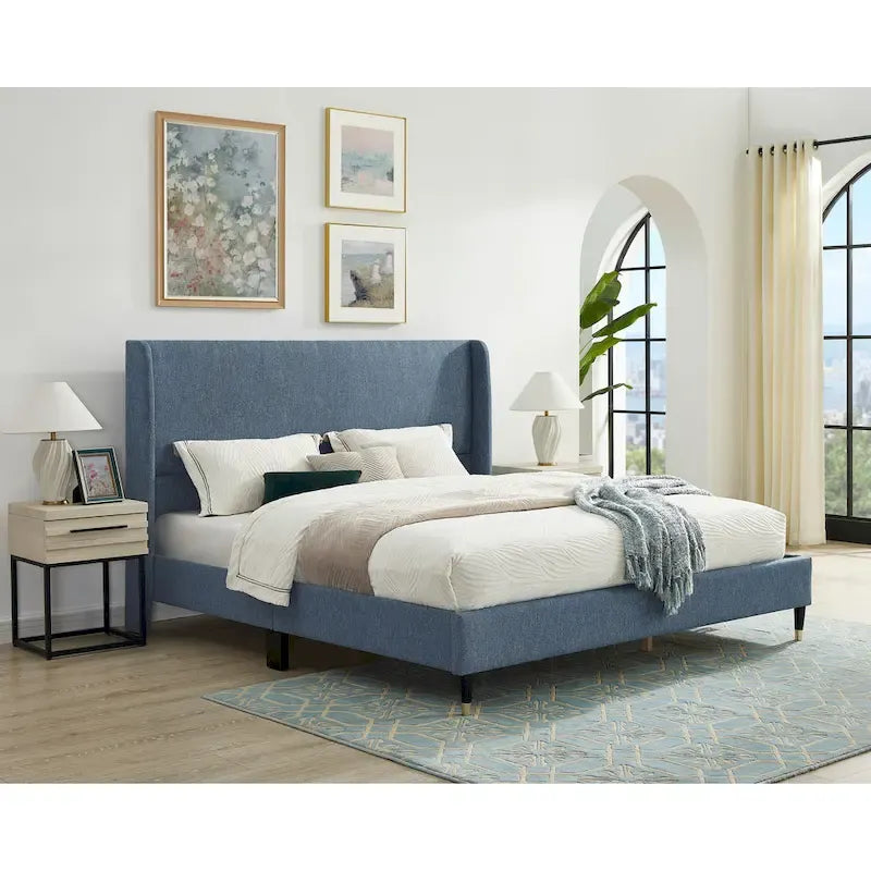 Upholstered Wingback Platform Bed with Gold-Black Cone Legs, Beige / Gray Velvet, Modern Style – Queen / King