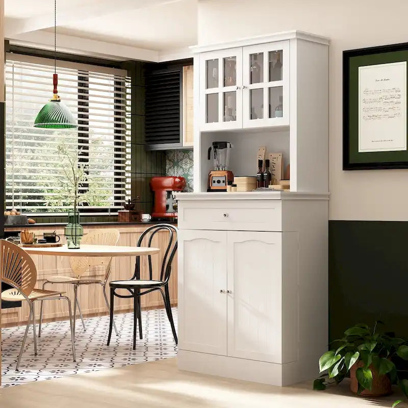 Tall Kitchen Storage Cabinet with Microwave Space & Drawer, White / Black, Modern Style