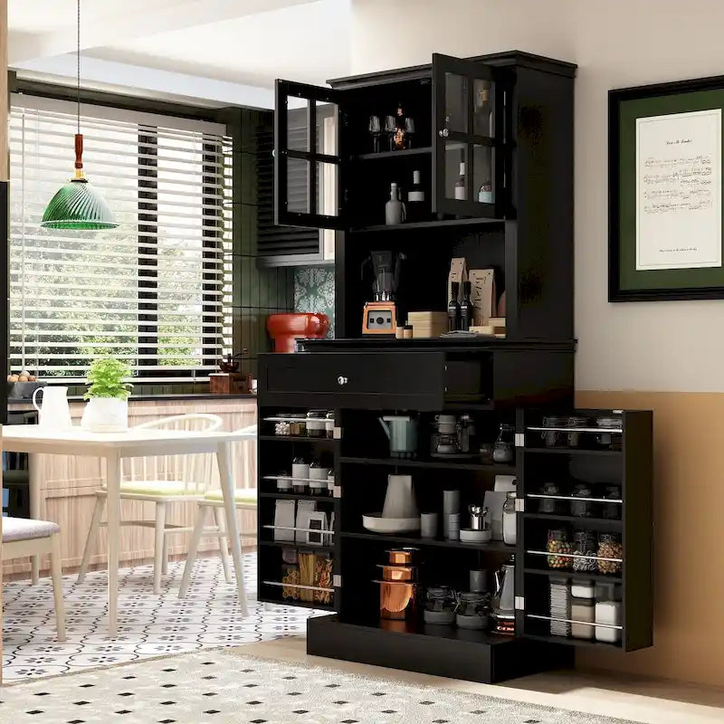 Tall Kitchen Storage Cabinet with Microwave Space & Drawer, White / Black, Modern Style