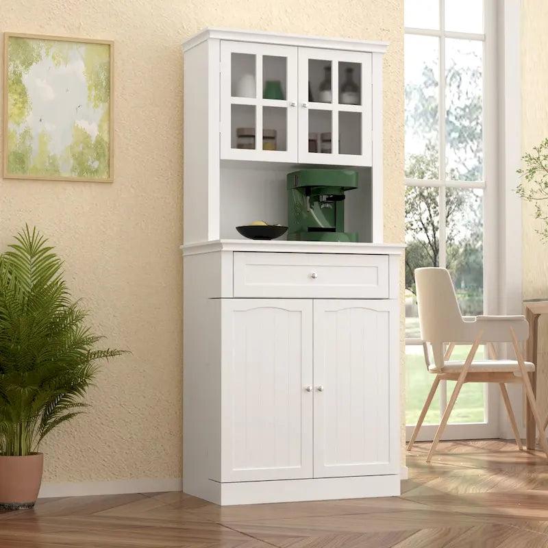 Tall Kitchen Storage Cabinet with Microwave Space & Drawer, White / Black, Modern Style