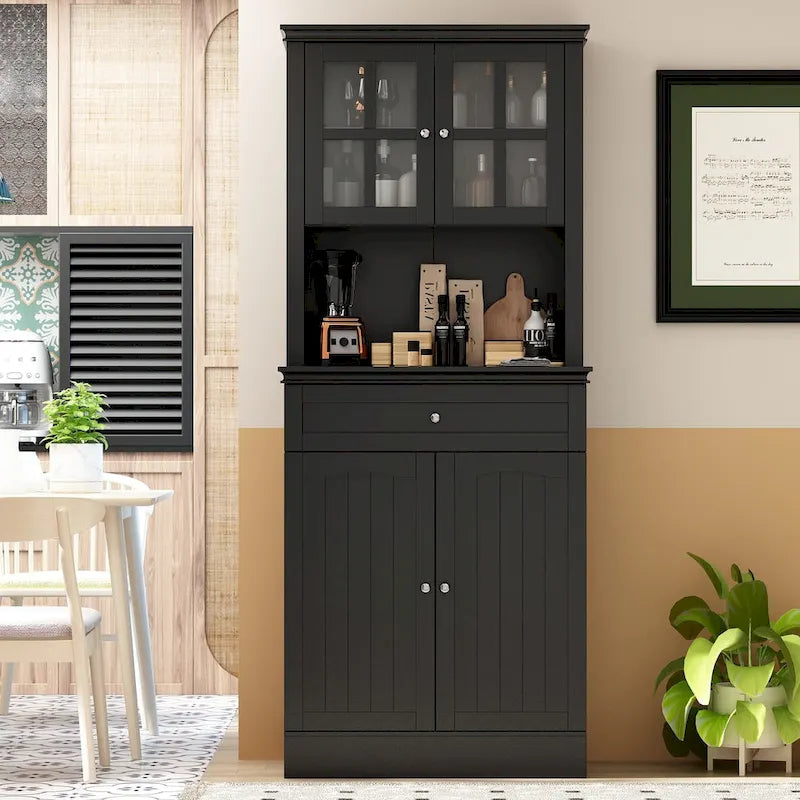 Tall Kitchen Storage Cabinet with Microwave Space & Drawer, White / Black, Modern Style