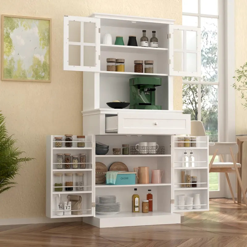 Tall Kitchen Storage Cabinet with Microwave Space & Drawer, White / Black, Modern Style
