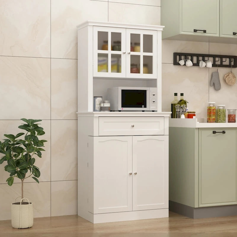Tall Kitchen Storage Cabinet with Microwave Space & Drawer, White / Black, Modern Style