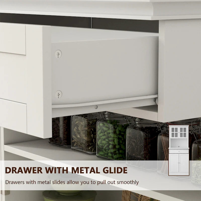 Tall Kitchen Storage Cabinet with Microwave Space & Drawer, White / Black, Modern Style