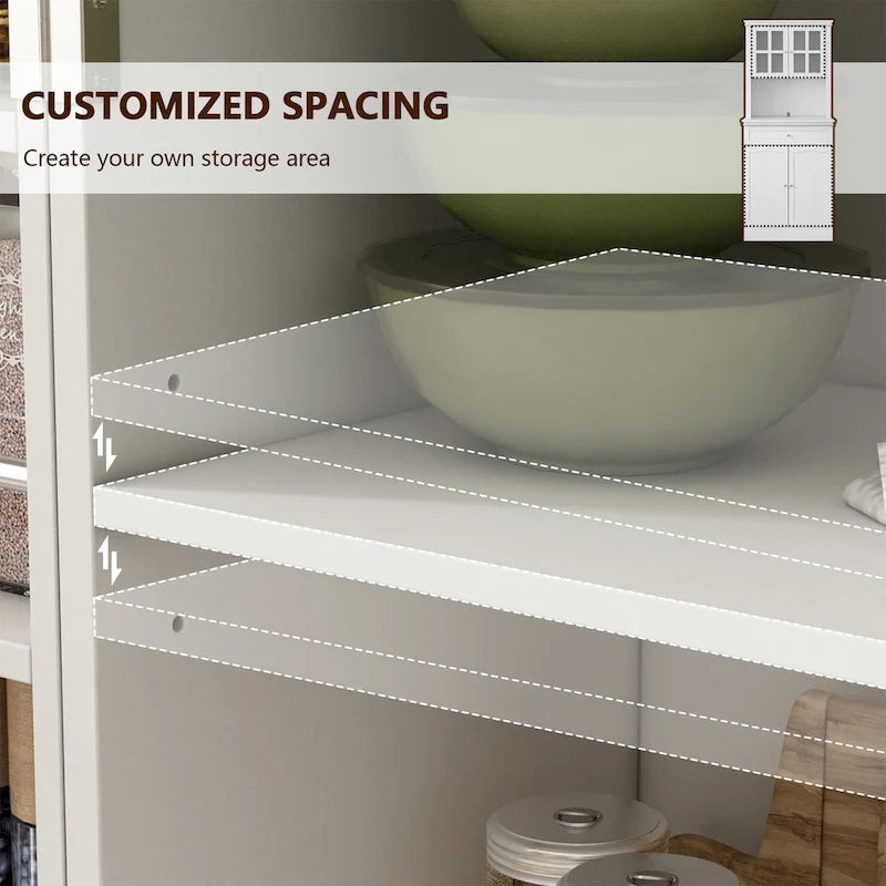 Tall Kitchen Storage Cabinet with Microwave Space & Drawer, White / Black, Modern Style