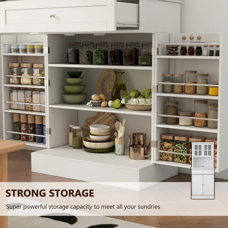 Tall Kitchen Storage Cabinet with Microwave Space & Drawer, White / Black, Modern Style