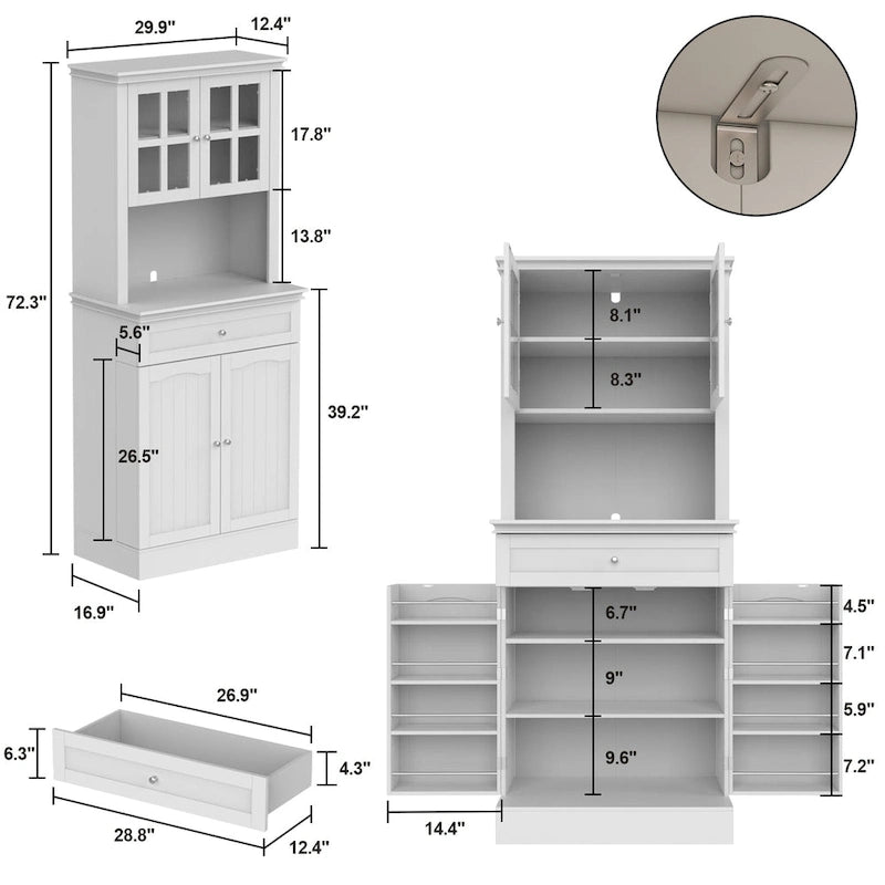 Tall Kitchen Storage Cabinet with Microwave Space & Drawer, White / Black, Modern Style
