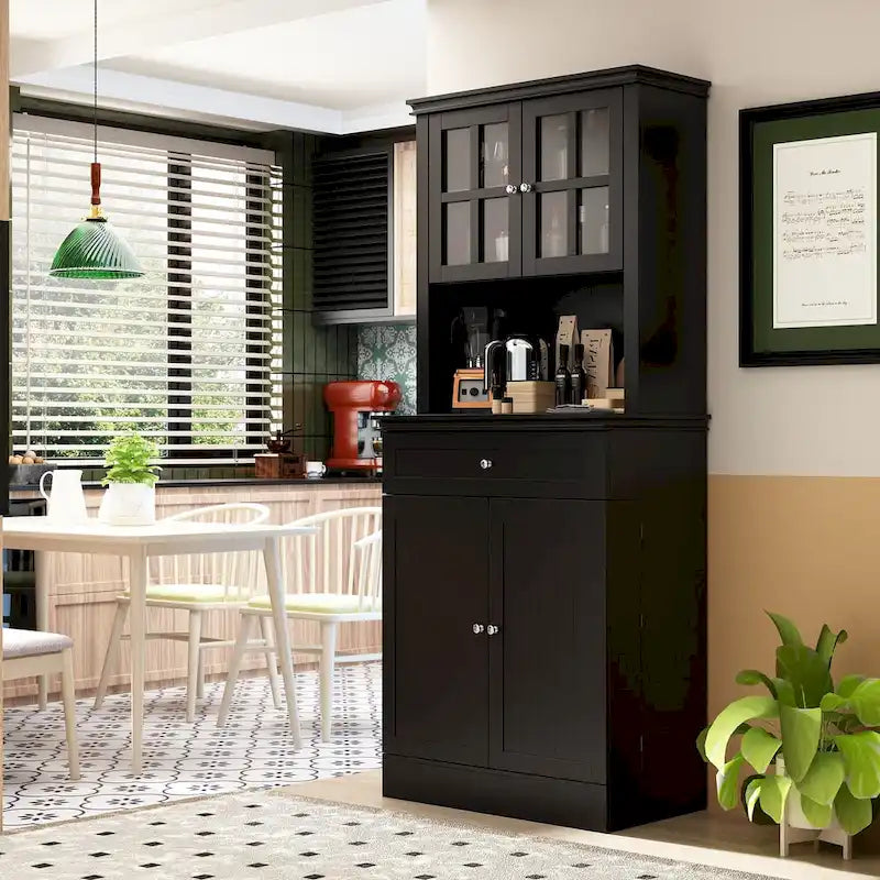 Tall Kitchen Storage Cabinet with Microwave Space & Drawer, White / Black, Modern Style