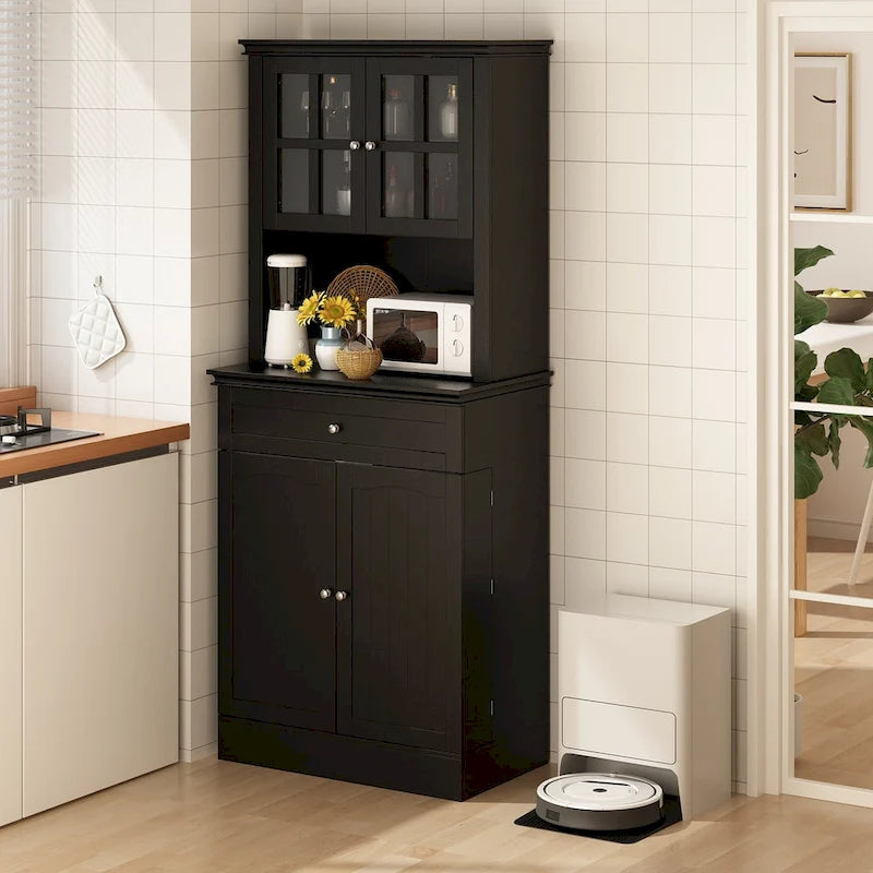 Tall Kitchen Storage Cabinet with Microwave Space & Drawer, White / Black, Modern Style