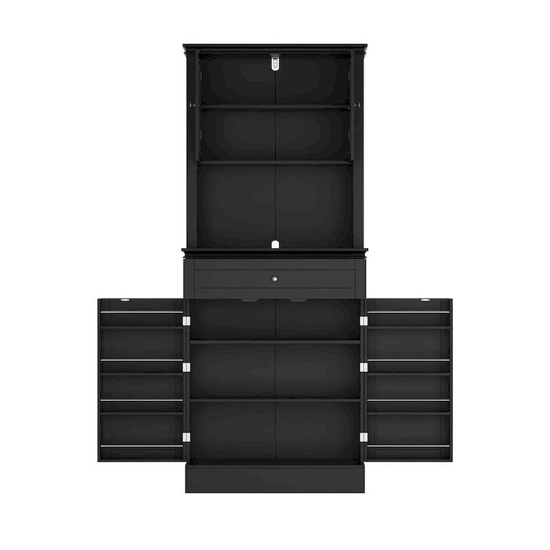Tall Kitchen Storage Cabinet with Microwave Space & Drawer, White / Black, Modern Style