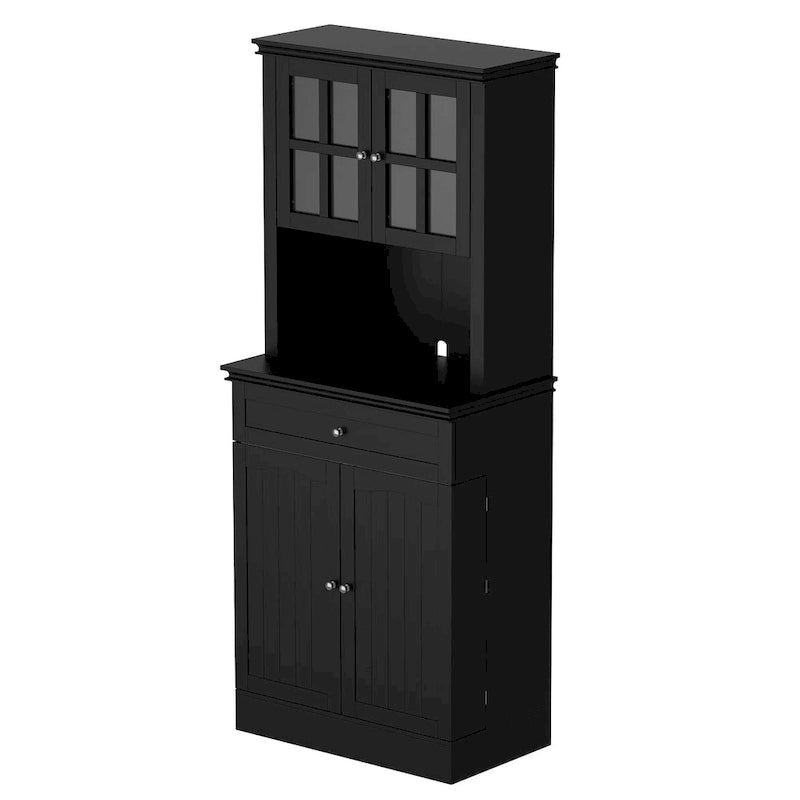 Tall Kitchen Storage Cabinet with Microwave Space & Drawer, White / Black, Modern Style