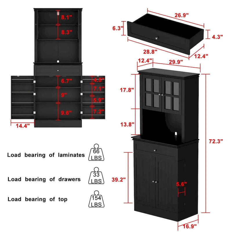 Tall Kitchen Storage Cabinet with Microwave Space & Drawer, White / Black, Modern Style