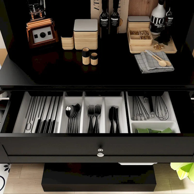 Tall Kitchen Storage Cabinet with Microwave Space & Drawer, White / Black, Modern Style