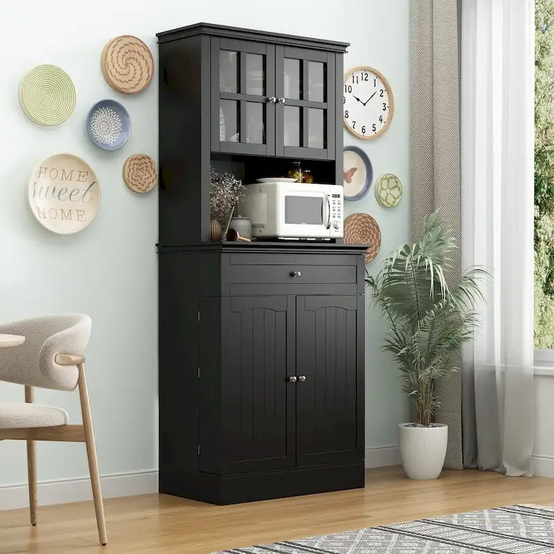 Tall Kitchen Storage Cabinet with Microwave Space & Drawer, White / Black, Modern Style