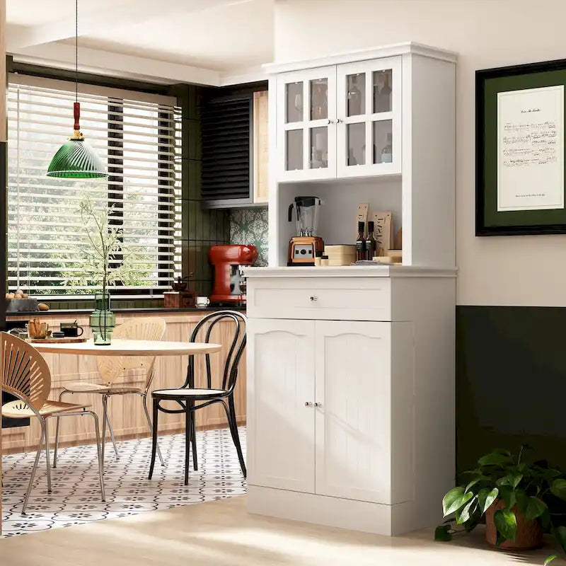 Tall Kitchen Storage Cabinet with Microwave Space & Drawer, White / Black, Modern Style
