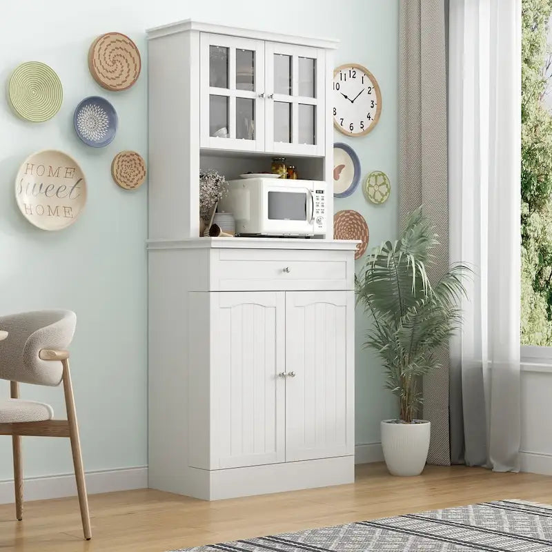 Tall Kitchen Storage Cabinet with Microwave Space & Drawer, White / Black, Modern Style