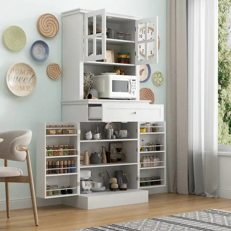 Tall Kitchen Storage Cabinet with Microwave Space & Drawer, White / Black, Modern Style