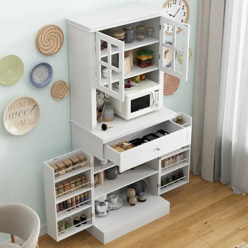 Tall Kitchen Storage Cabinet with Microwave Space & Drawer, White / Black, Modern Style