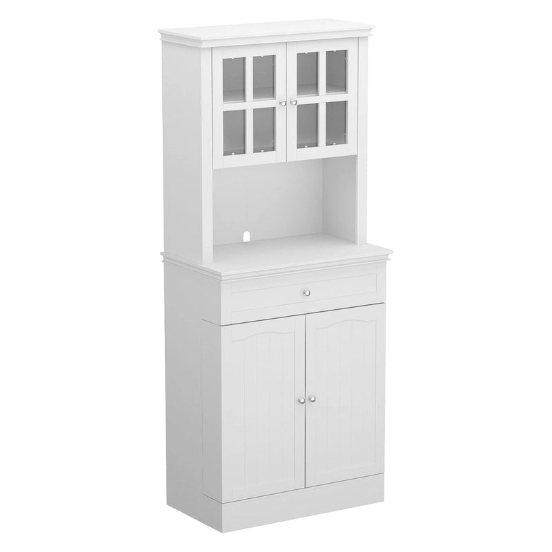 Tall Kitchen Storage Cabinet with Microwave Space & Drawer, White / Black, Modern Style