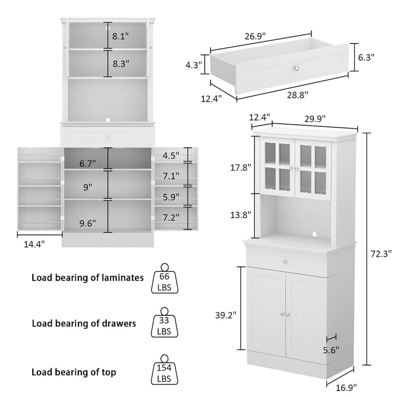 Tall Kitchen Storage Cabinet with Microwave Space & Drawer, White / Black, Modern Style