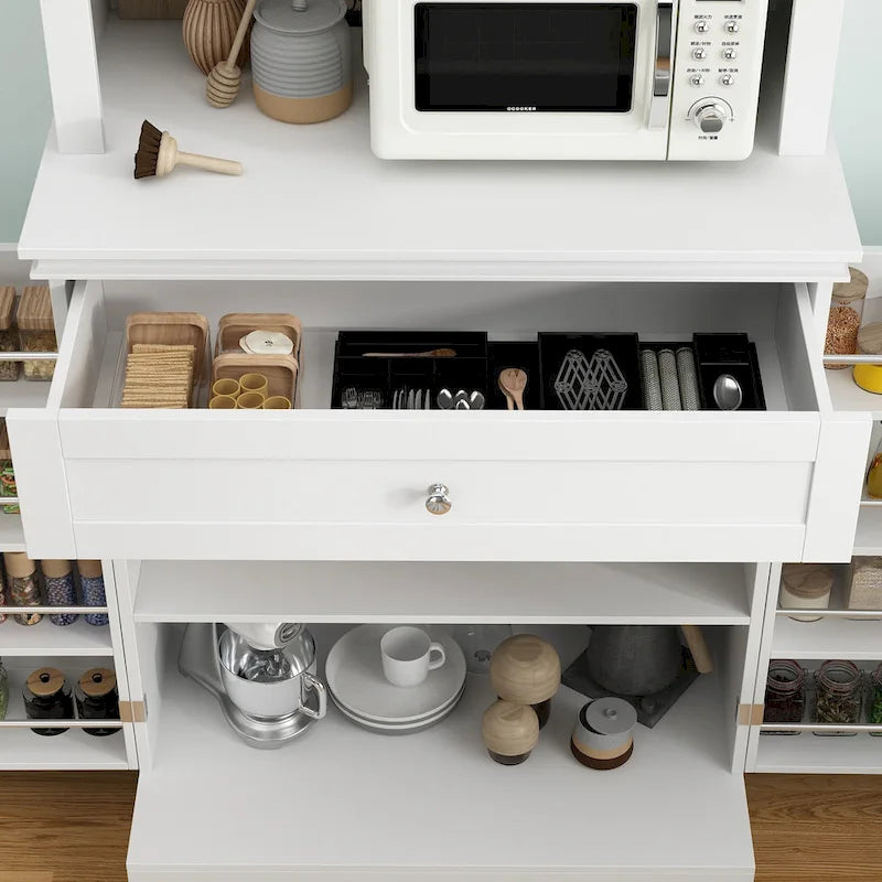 Tall Kitchen Storage Cabinet with Microwave Space & Drawer, White / Black, Modern Style