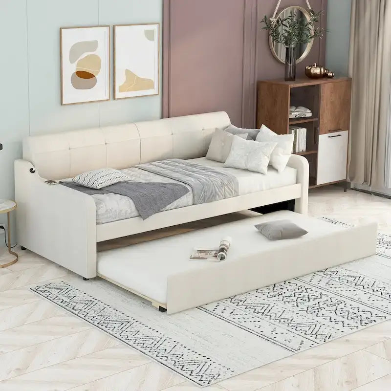 Twin Size Daybed with Pull-Out Trundle, USB Charging Port & Armrests, Beige, Modern Style