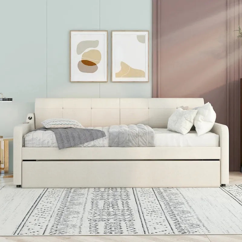 Twin Size Daybed with Pull-Out Trundle, USB Charging Port & Armrests, Beige, Modern Style